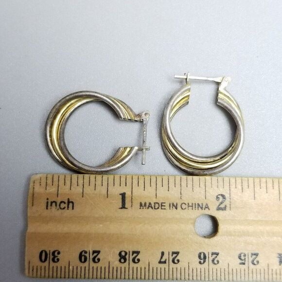 Vintage Sterling Silver Two Tone 1 Inch Hoop Earrings, 925 Italy, Estate - Picture 5 of 9
